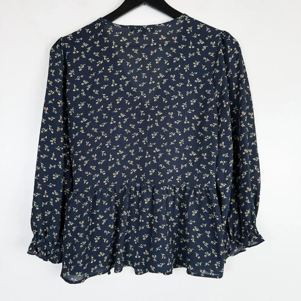 Madewell Floral Puff Sleeve Peplum Wrap Top Spring Fling Blue - M